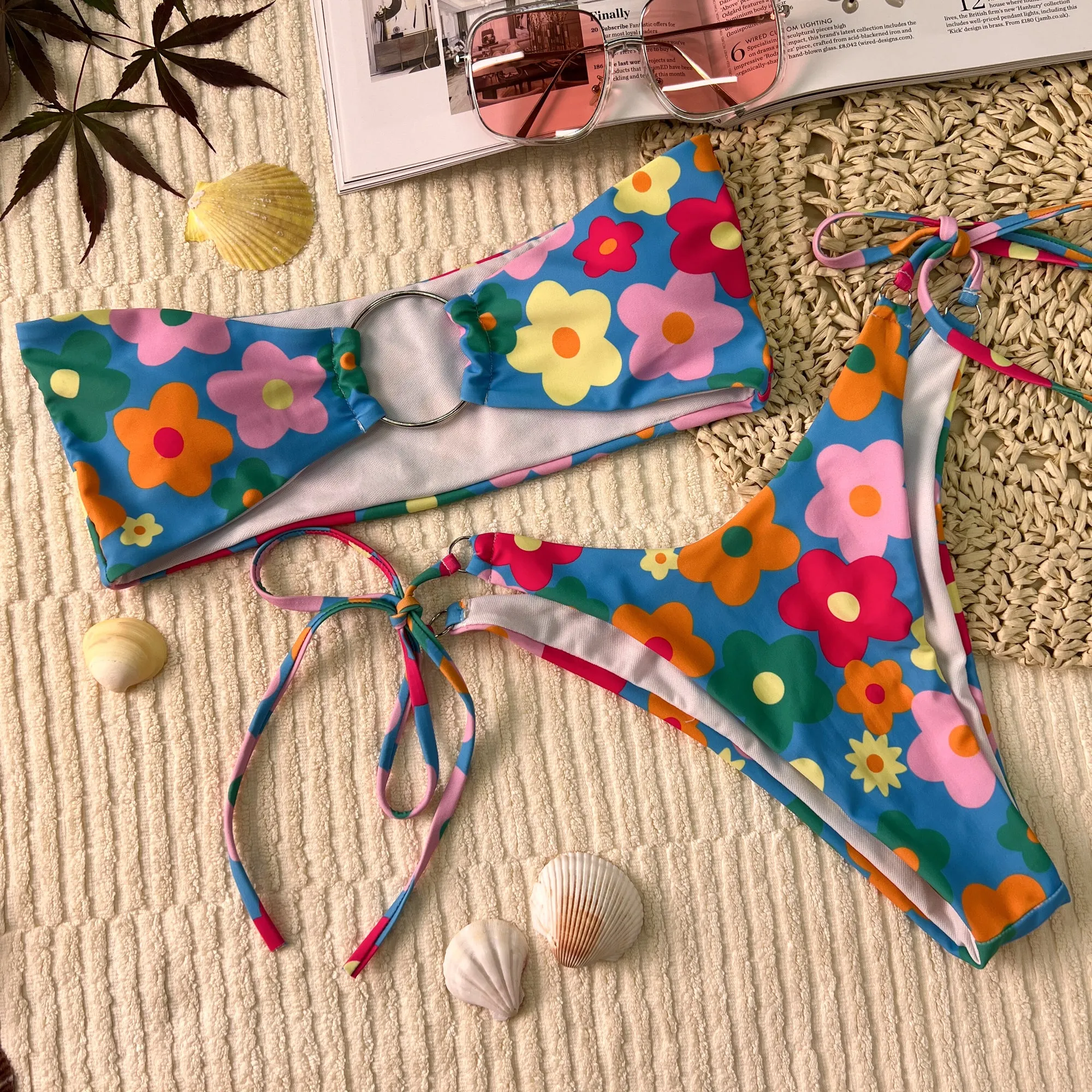 Blue Floral Circle Front Bikini Set