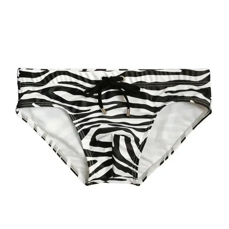 DomiGe Men's Zebra Low-Rise Swim Briefs Drawstring Beachwear