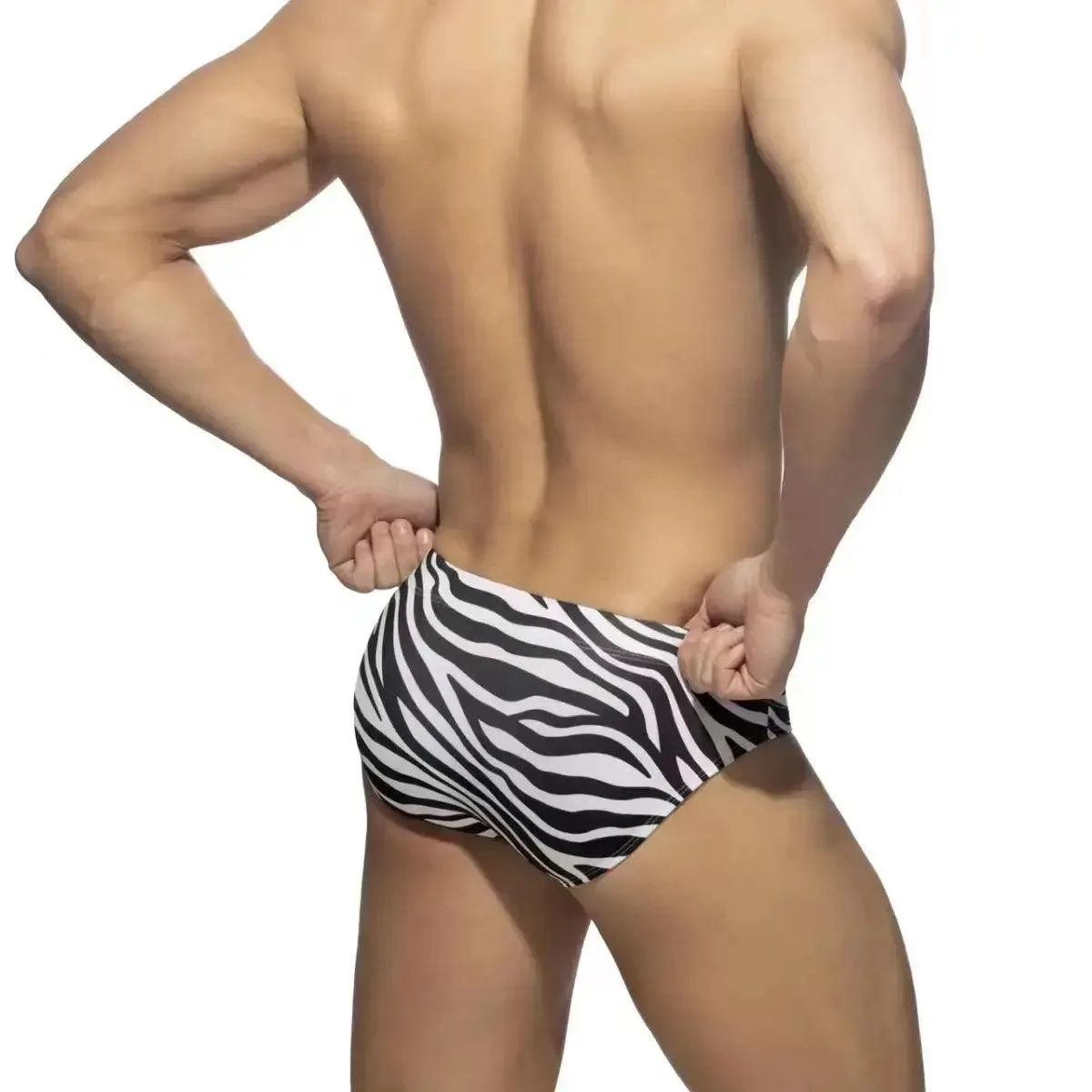 DomiGe Men's Zebra Low-Rise Swim Briefs Drawstring Beachwear