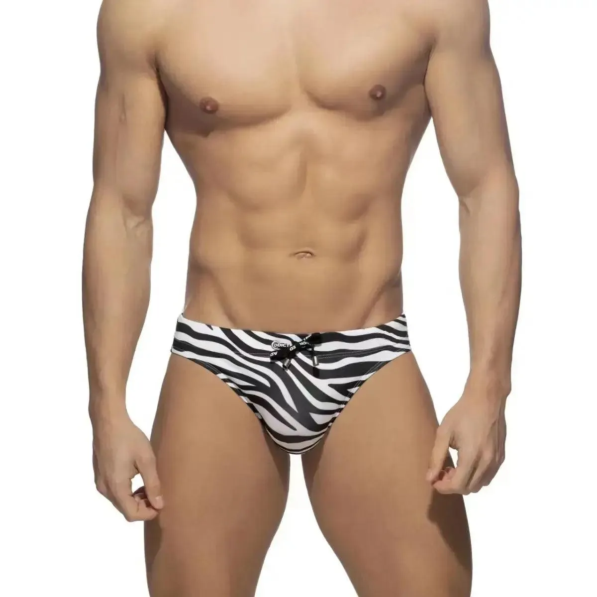 DomiGe Men's Zebra Low-Rise Swim Briefs Drawstring Beachwear