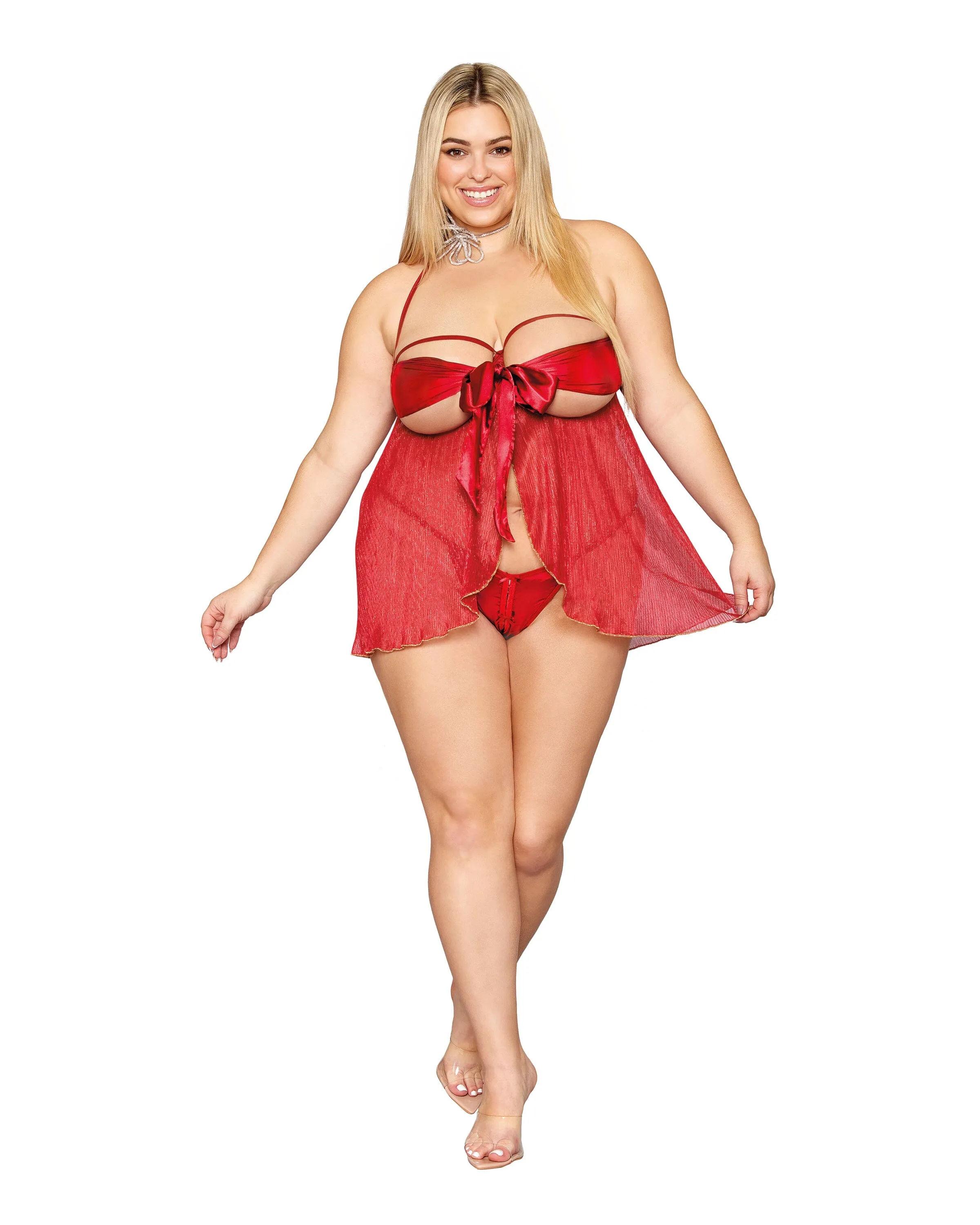 Metallic, Pleated, Open Cup Babydoll with Functional Satin Bow 2-piece Set