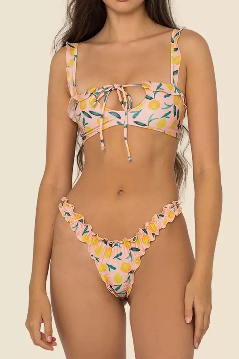 Orange Digital Printing Lace Push Up Hollow Bikini Set