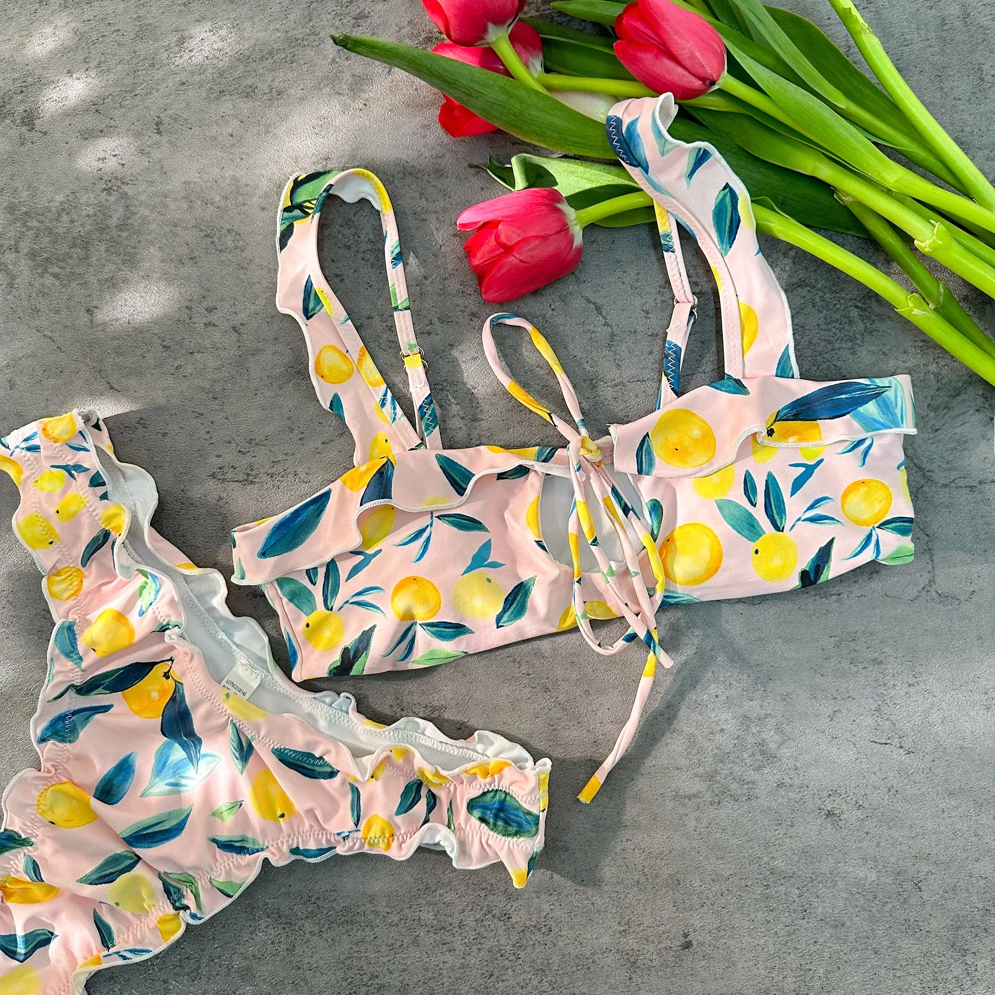 Orange Digital Printing Lace Push Up Hollow Bikini Set