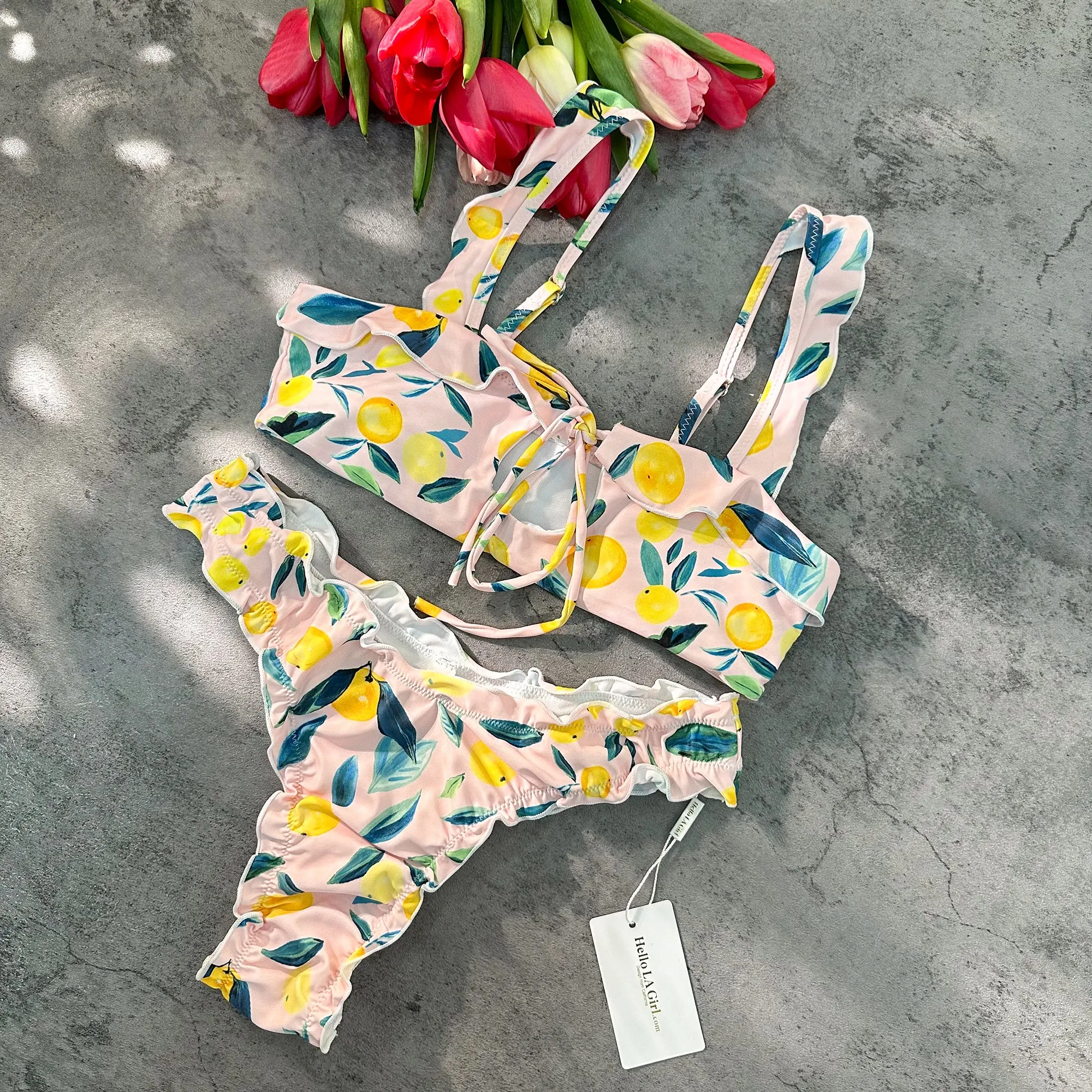 Orange Digital Printing Lace Push Up Hollow Bikini Set