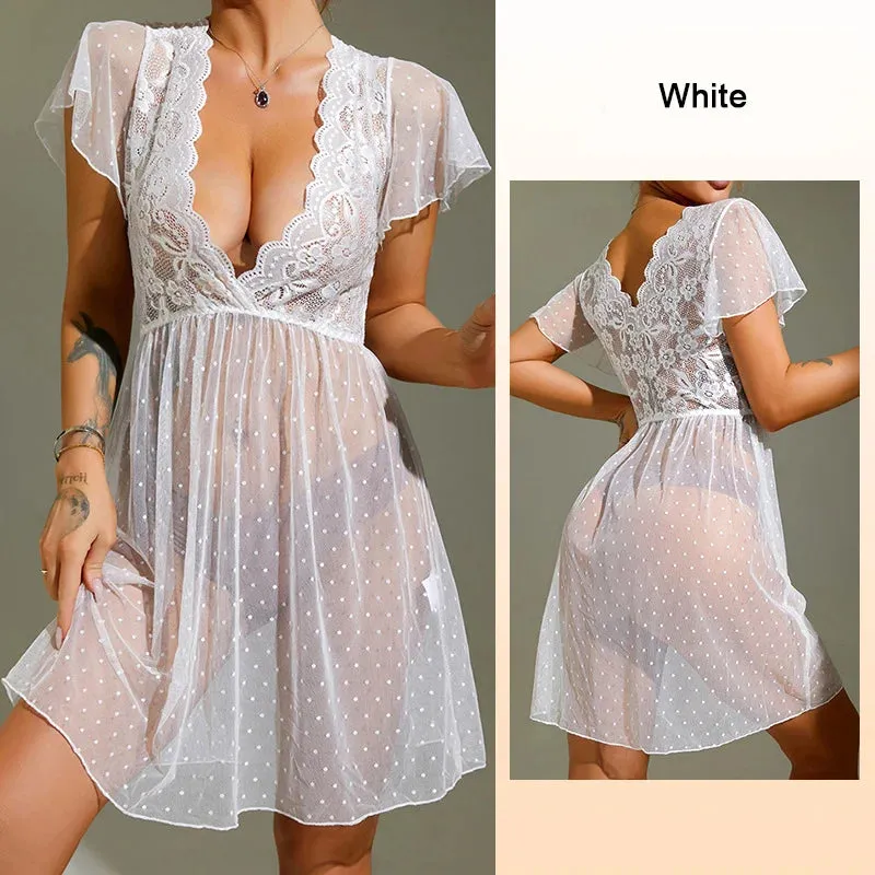 #PB Lace Nightgown Polka Dot Pajama Dress