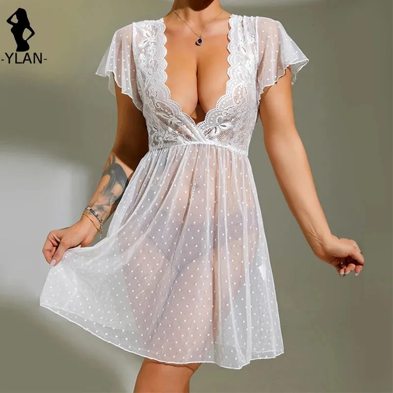 #PB Lace Nightgown Polka Dot Pajama Dress