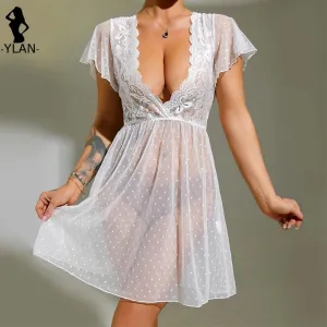 #PB Lace Nightgown Polka Dot Pajama Dress