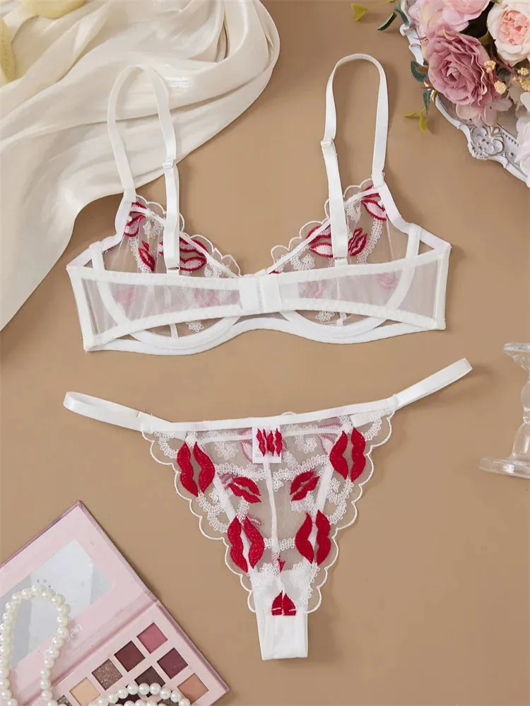#PB Red Lip Embroidery Mesh Lingerie