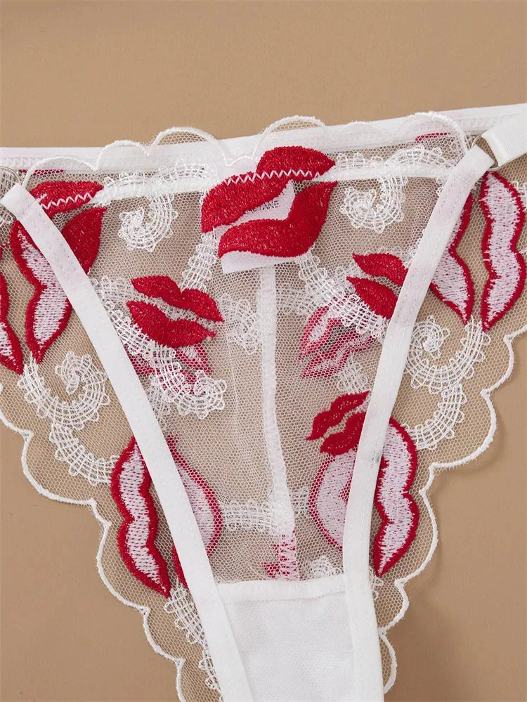#PB Red Lip Embroidery Mesh Lingerie