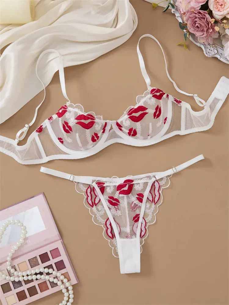 #PB Red Lip Embroidery Mesh Lingerie