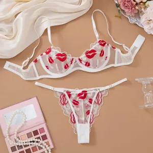 #PB Red Lip Embroidery Mesh Lingerie