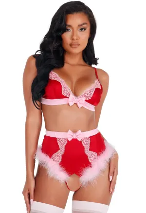 Red pink marabou bra set