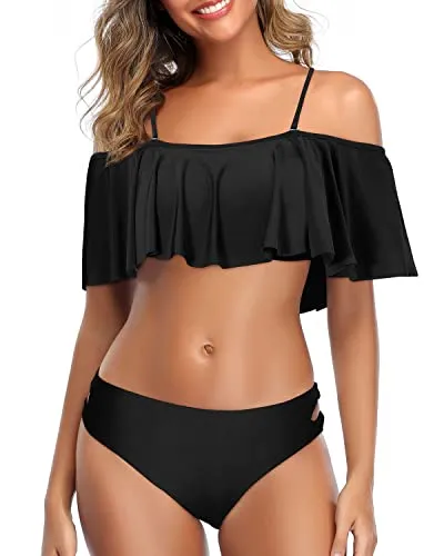 Sexy Off The Shoulder Ruffle Bikini Set Hipster Bottoms For Women-Black