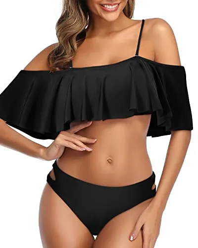 Sexy Off The Shoulder Ruffle Bikini Set Hipster Bottoms For Women-Black