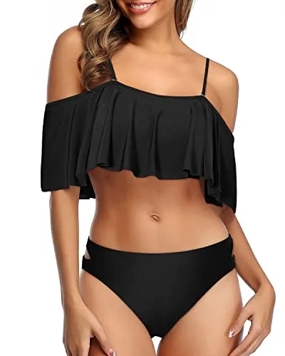 Sexy Off The Shoulder Ruffle Bikini Set Hipster Bottoms For Women-Black