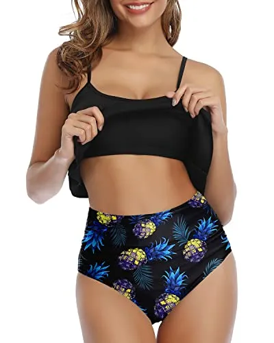 Tropical-Inspired Ruffle Bikini High Waisted Bottoms-Black Pineapple